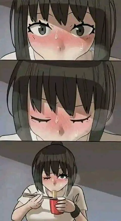 A three-panel anime-style image shows a young woman with dark hair and flushed cheeks. In the top panel, she looks up with…