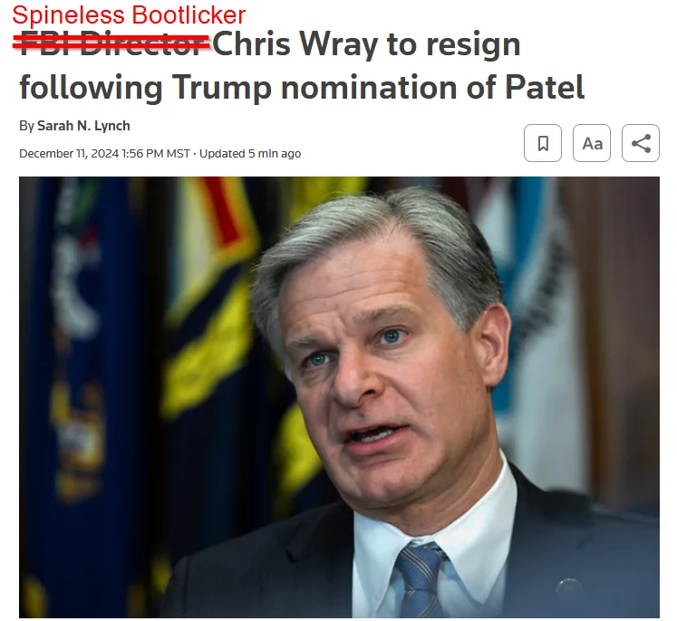 A screenshot of a news article headline about FBI Director Chris Wray resigning following Trump's nomination of Patel, with…