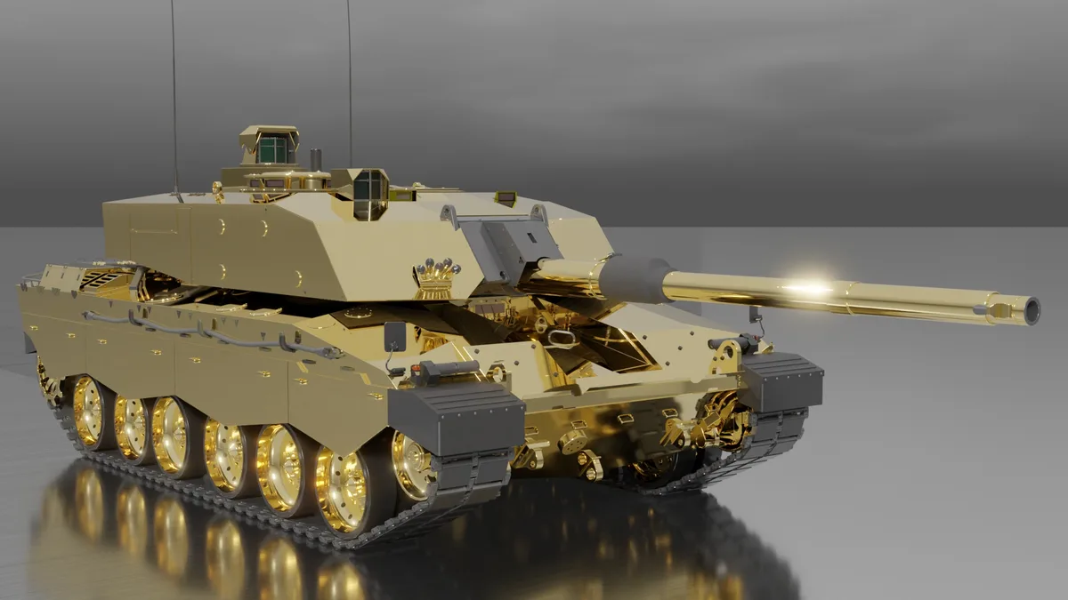 A highly detailed, digitally rendered modern main battle tank is entirely plated in shiny gold, including its turret…