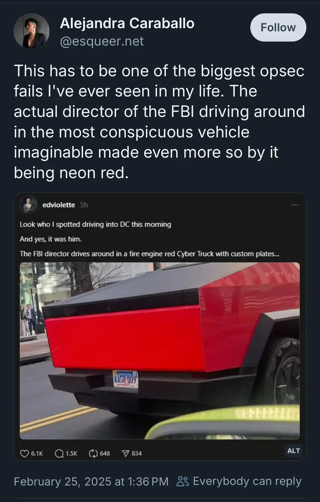 A screenshot of a tweet showing a bright red Tesla Cybertruck with custom plates, identified as the FBI director's vehicle…