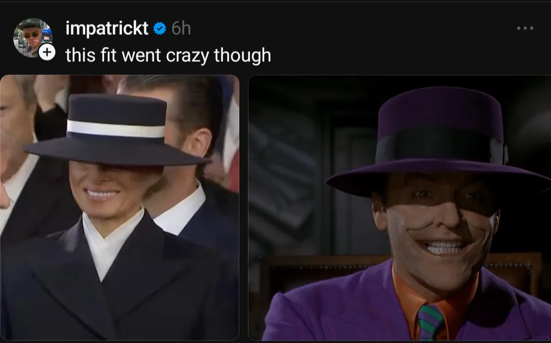 The image displays two side-by-side photos: on the left, a person in a dark suit and wide-brimmed black hat with a white…