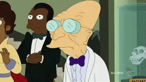 A four-panel meme featuring the animated character Professor Farnsworth from Futurama, who is bald, wears large round…