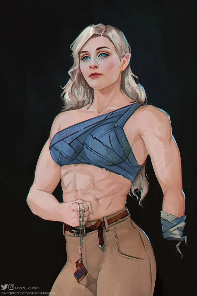 A digitally illustrated fantasy woman with blonde hair and pointed ears, wearing a blue one-shoulder top and beige pants…