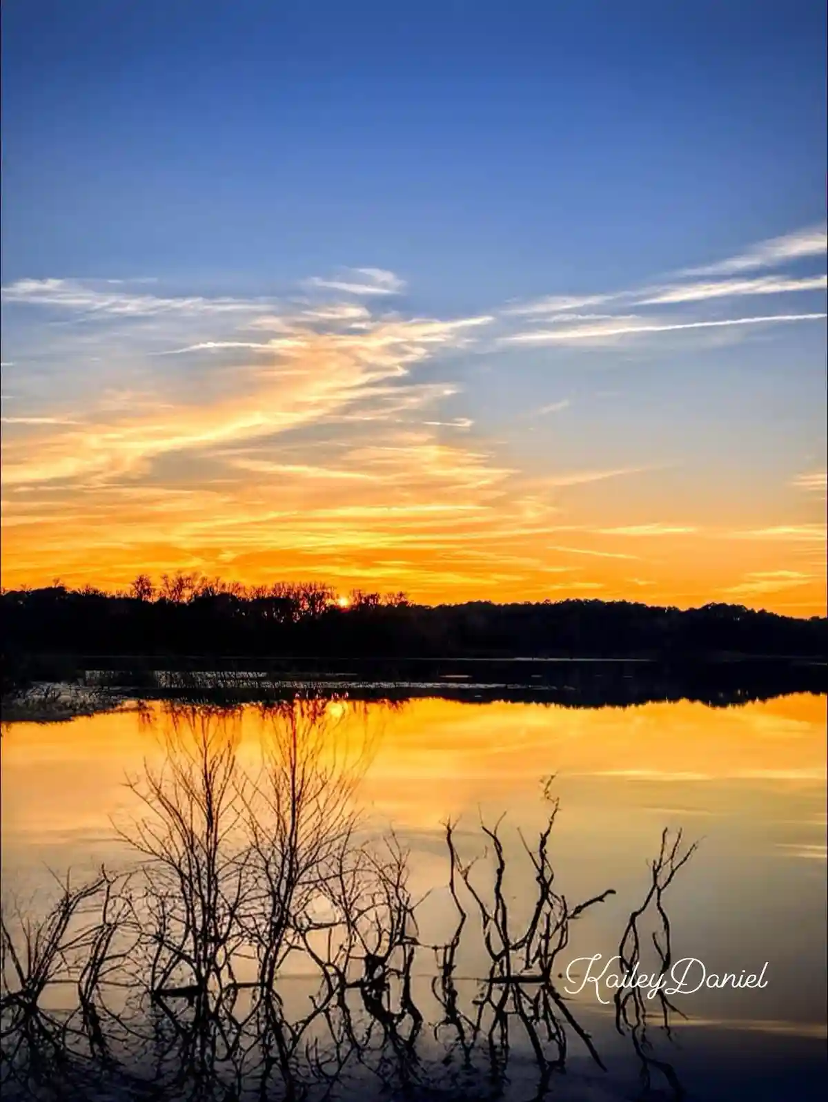 A serene sunset over a calm body of water, with vibrant orange and yellow hues reflecting in the surface. Silhouetted bare…