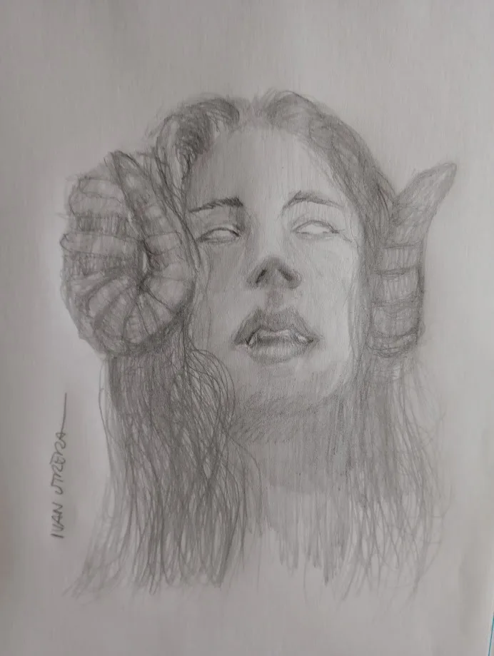 A pencil sketch of a person's face with large, spiraled ram horns drawn on either side of their head, their eyes closed and…