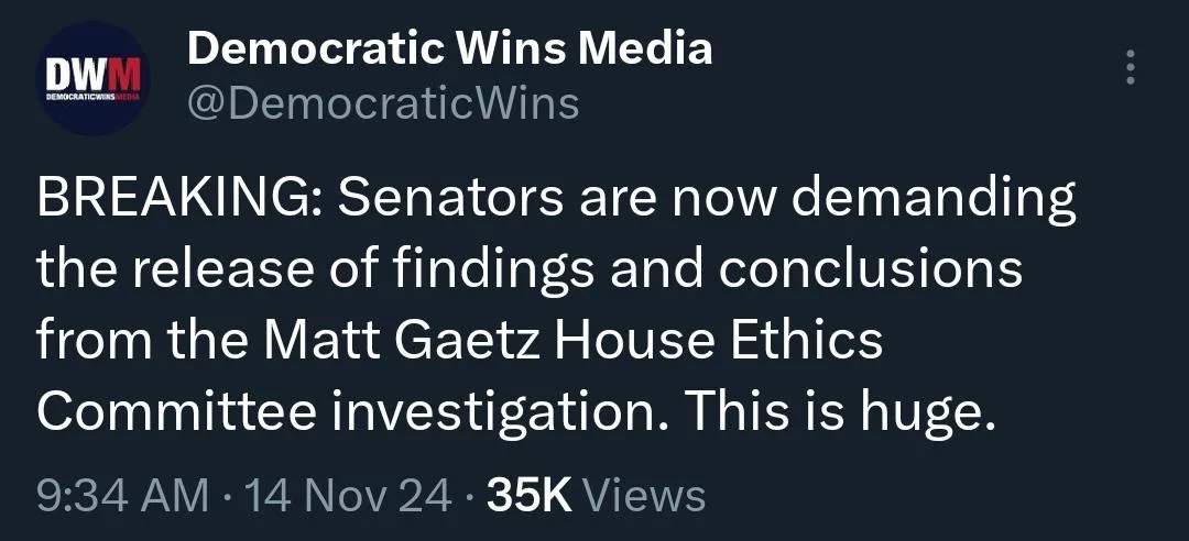 A screenshot of a tweet from 'Democratic Wins Media' (@DemocraticWins) with a dark background and white text. The tweet…