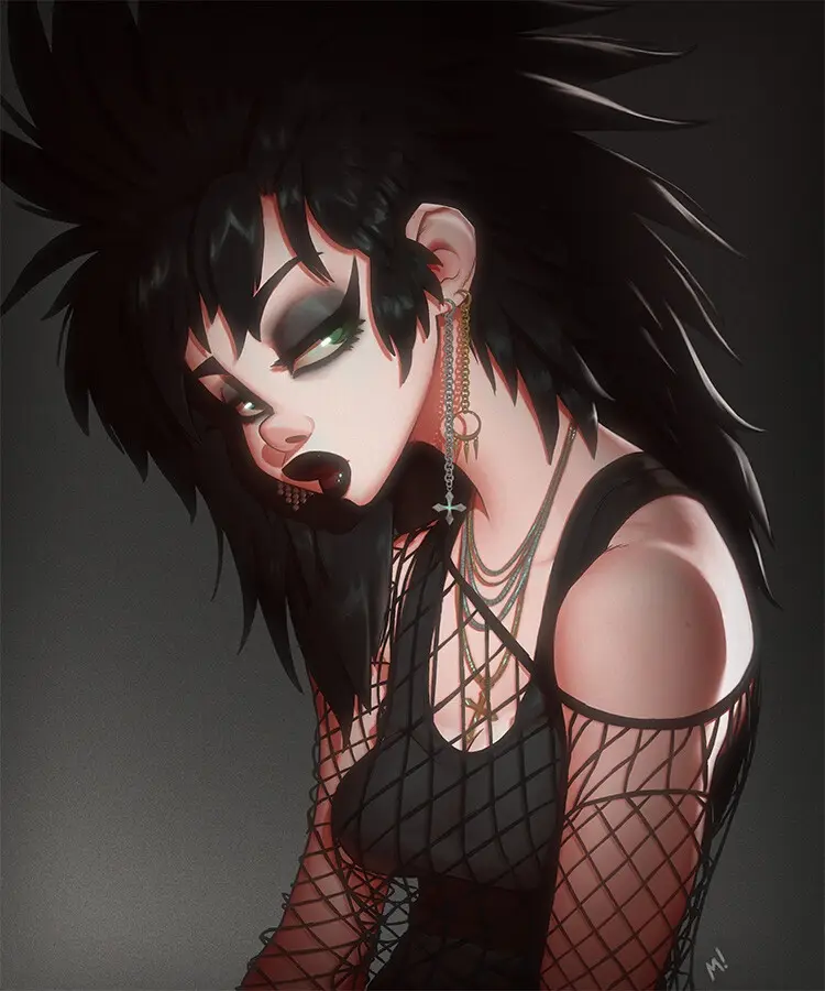 An anime-style illustration of a person with spiky black hair, heavy makeup, and multiple necklaces, wearing a black fishnet…