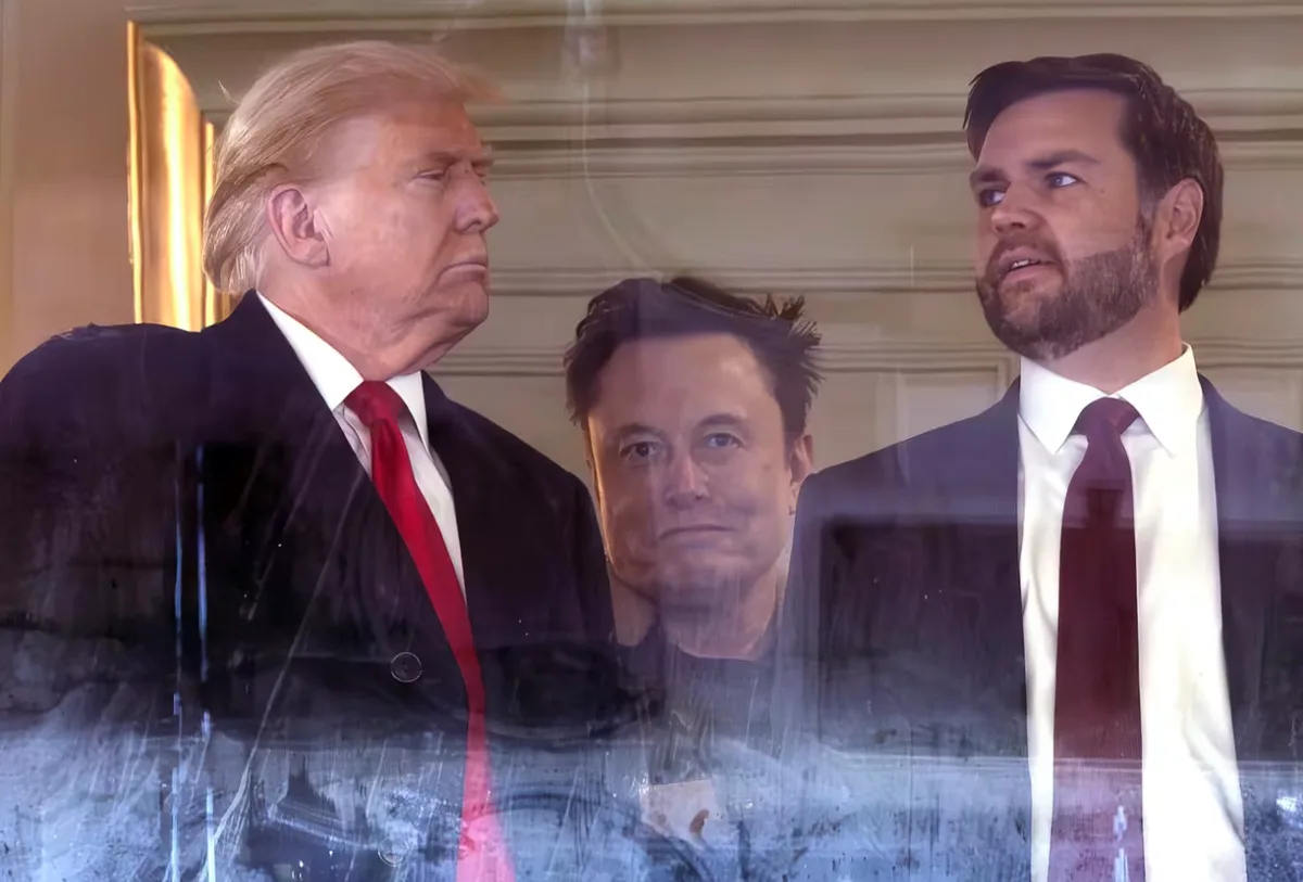 The image shows a composite of three men: Donald Trump on the left in a dark suit and red tie, Elon Musk in the center with…