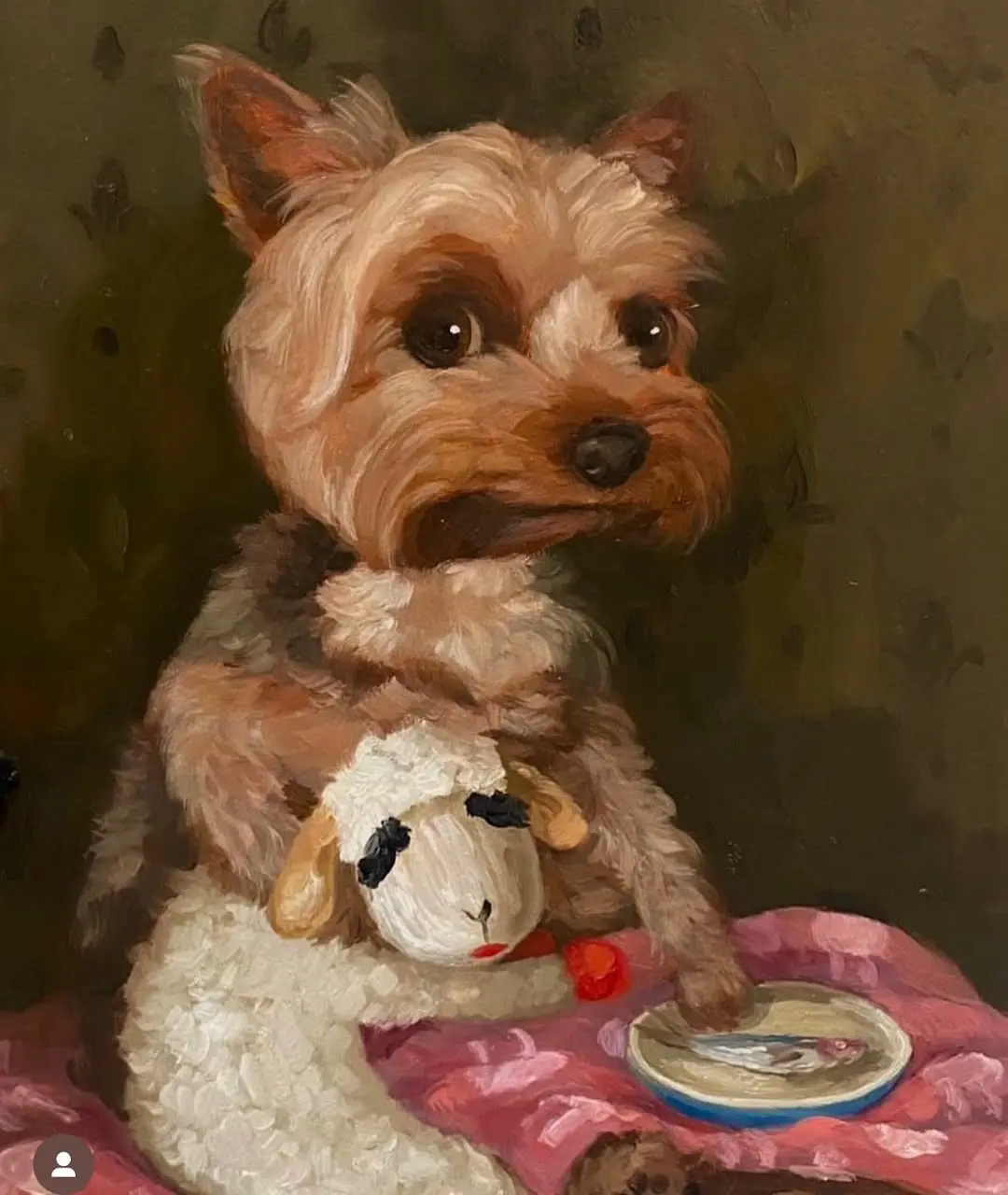 A painted portrait of a small, fluffy Yorkshire Terrier sitting on a pink floral blanket, holding a white stuffed sheep toy…