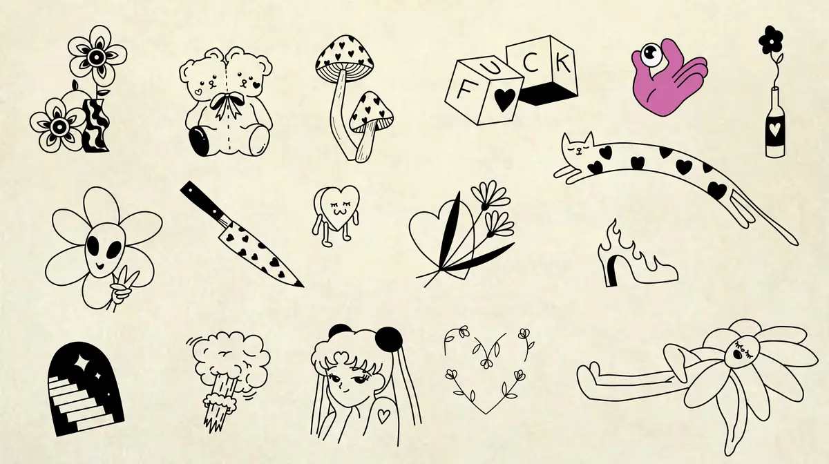 The image displays a collection of whimsical, hand-drawn illustrations on a beige background, including flowers, teddy…