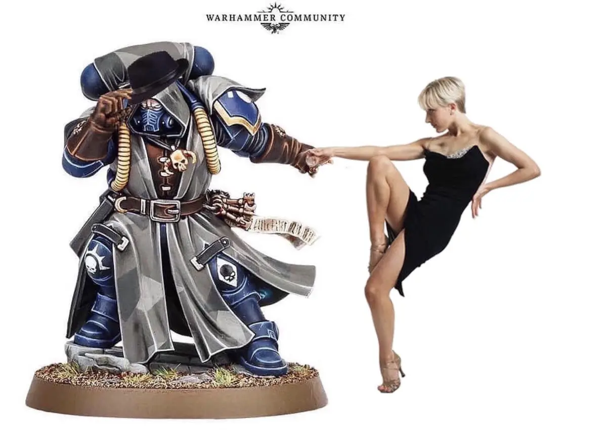 A Warhammer 40k Space Marine miniature in ornate blue and grey armor, tipping his hat while holding a woman's hand. The…