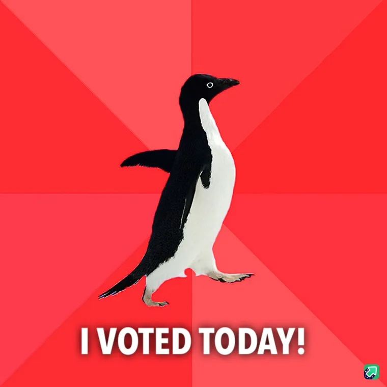 A black-and-white penguin stands confidently against a red background with diagonal stripes, with the text 'I VOTED TODAY!'…