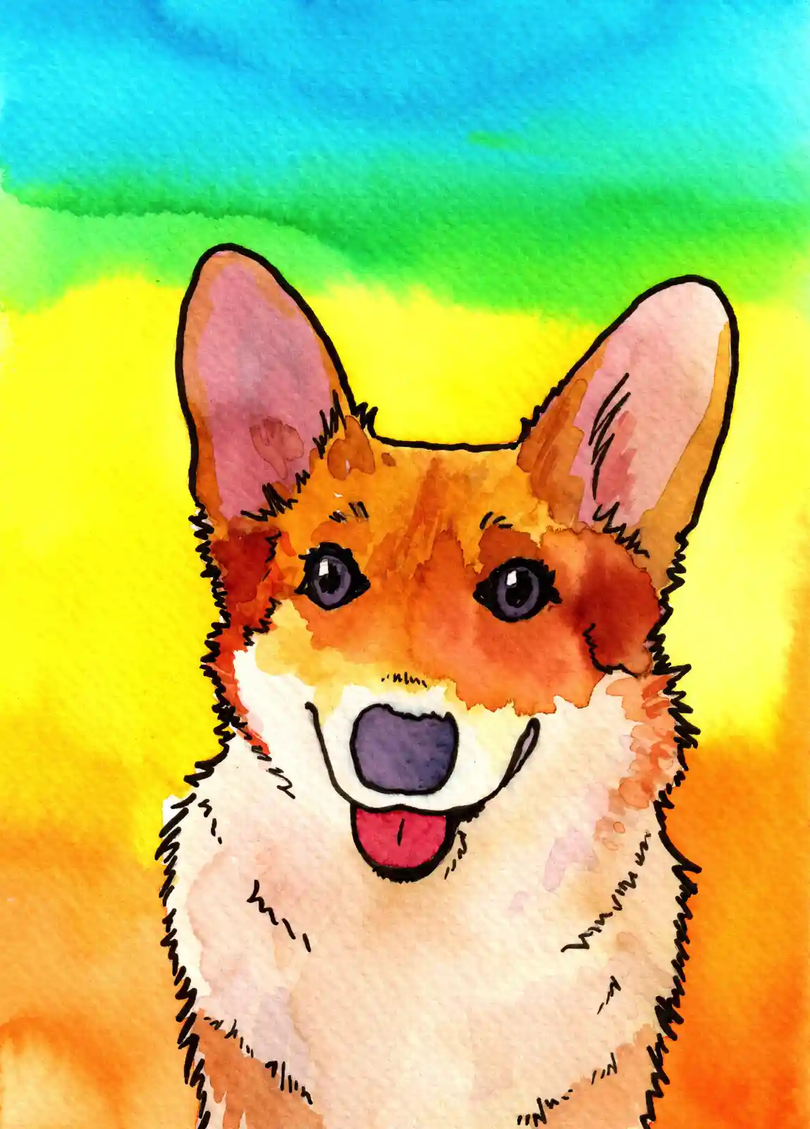 A watercolor painting of a happy-looking corgi with large ears, purple eyes, and a pink tongue sticking out, set against a…