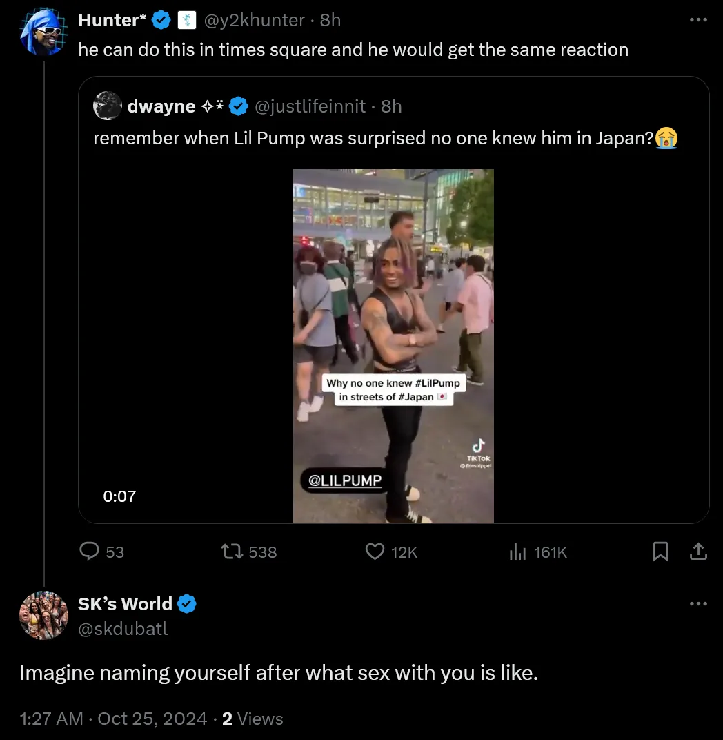 A screenshot of a Twitter thread shows a TikTok video where rapper Lil Pump stands in a crowded Japanese street with his…
