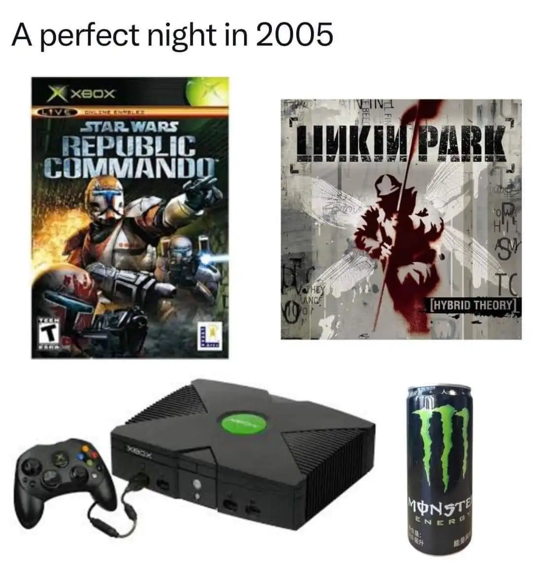 The image displays four items arranged to represent a nostalgic 2005 night: the Xbox game 'Star Wars Republic Commando'…