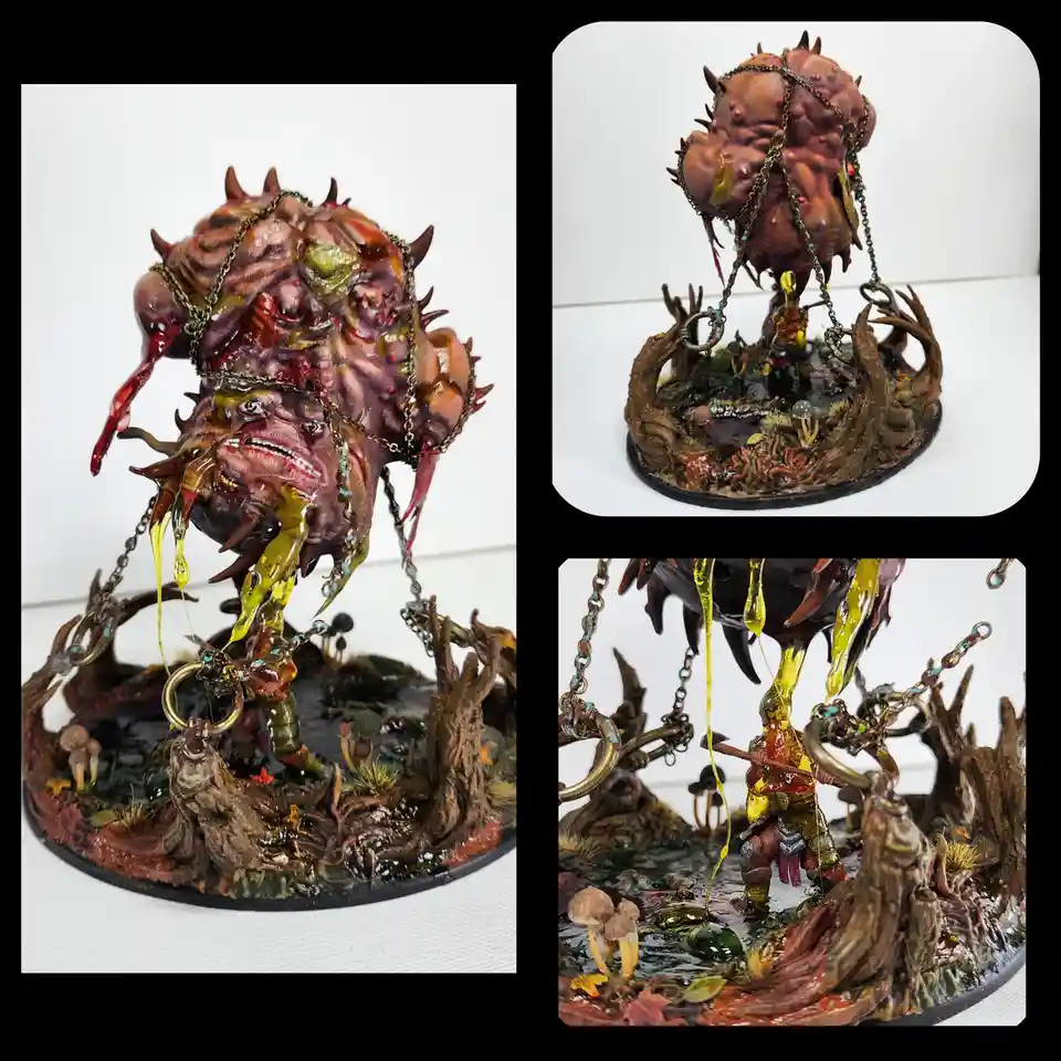 Three photos show a highly detailed, grotesque miniature of a large, multi-eyed, fleshy monster with chains and dripping…