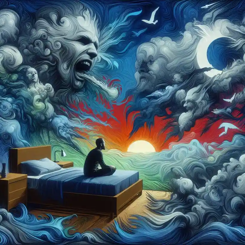 A man sits cross-legged on a bed in a bedroom, gazing out at a surreal, stormy sky filled with swirling clouds shaped like…
