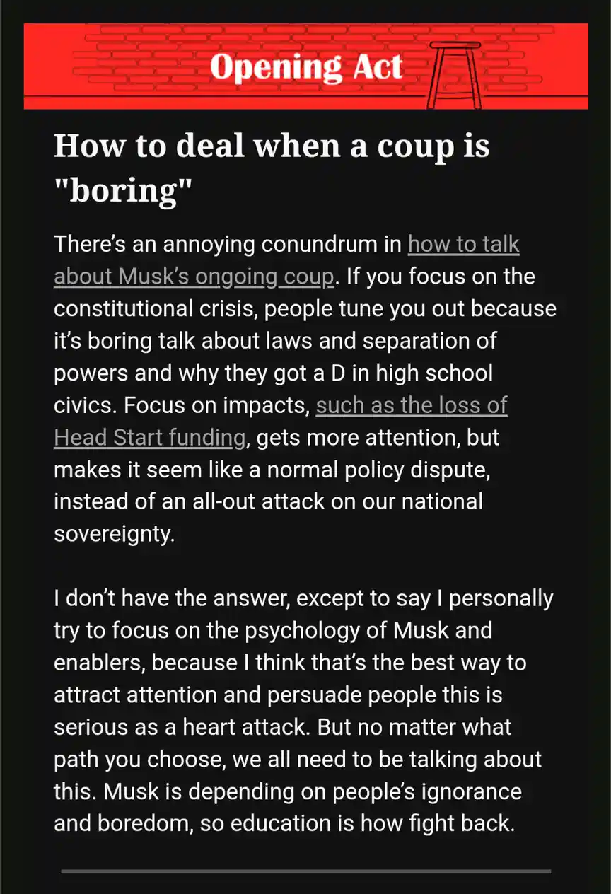The image displays a text article titled 'How to deal when a coup is "boring"' under a red banner labeled 'Opening Act' with…