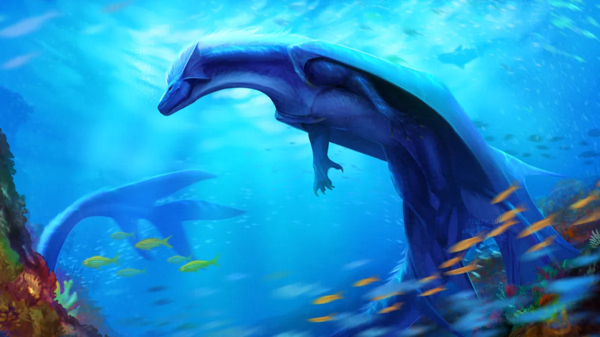 A large, blue, serpentine dragon with feathered wings and a long tail swims gracefully underwater among colorful coral and…