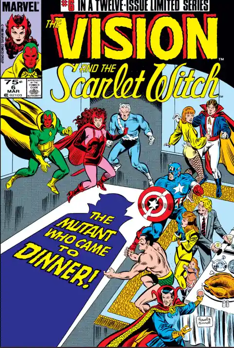 A vintage Marvel comic book cover for 'The Vision and the Scarlet Witch #6' depicts a chaotic scene where numerous…