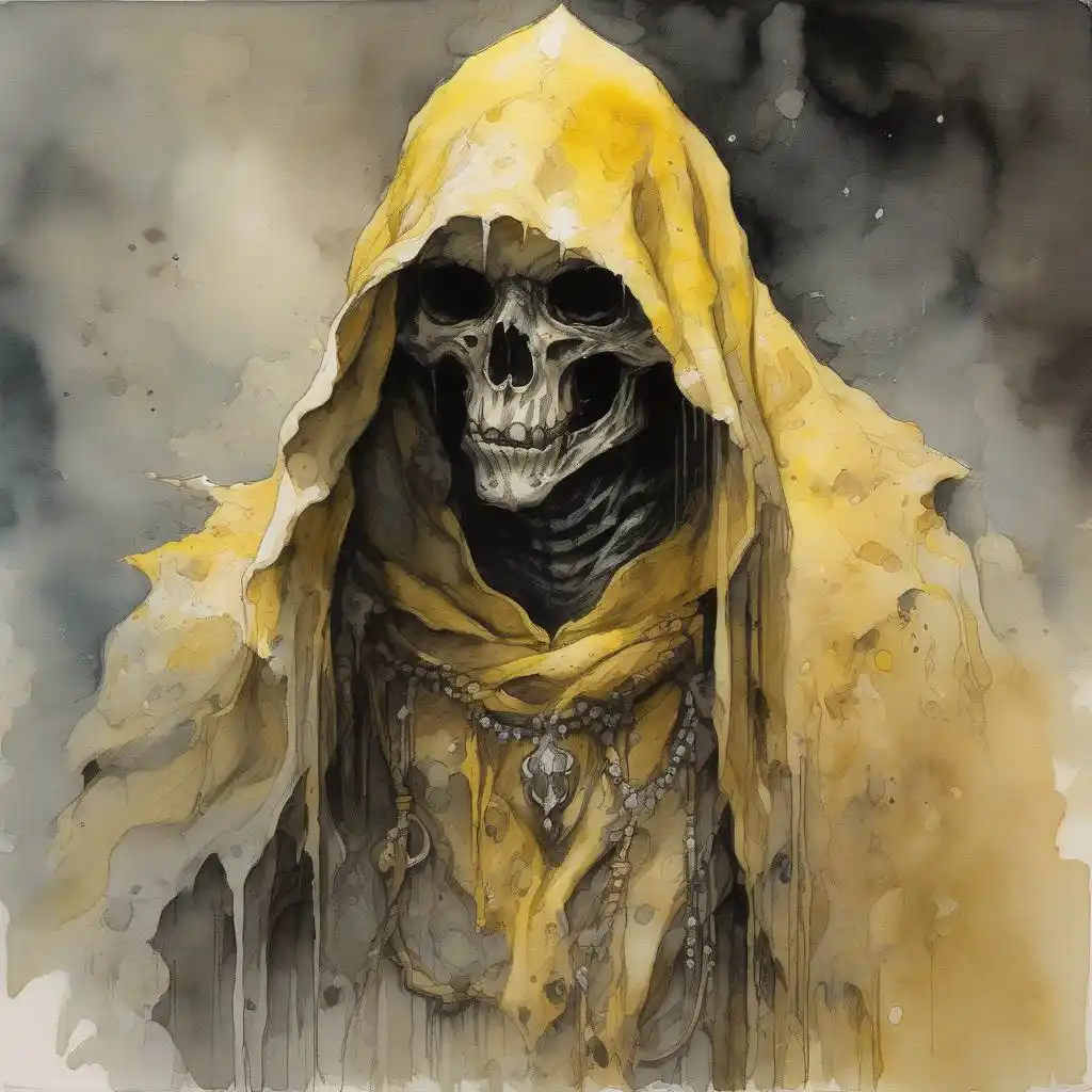 A watercolor-style illustration of a skeletal figure wearing a yellow hooded robe, with dark, smoky background. The skeleton…