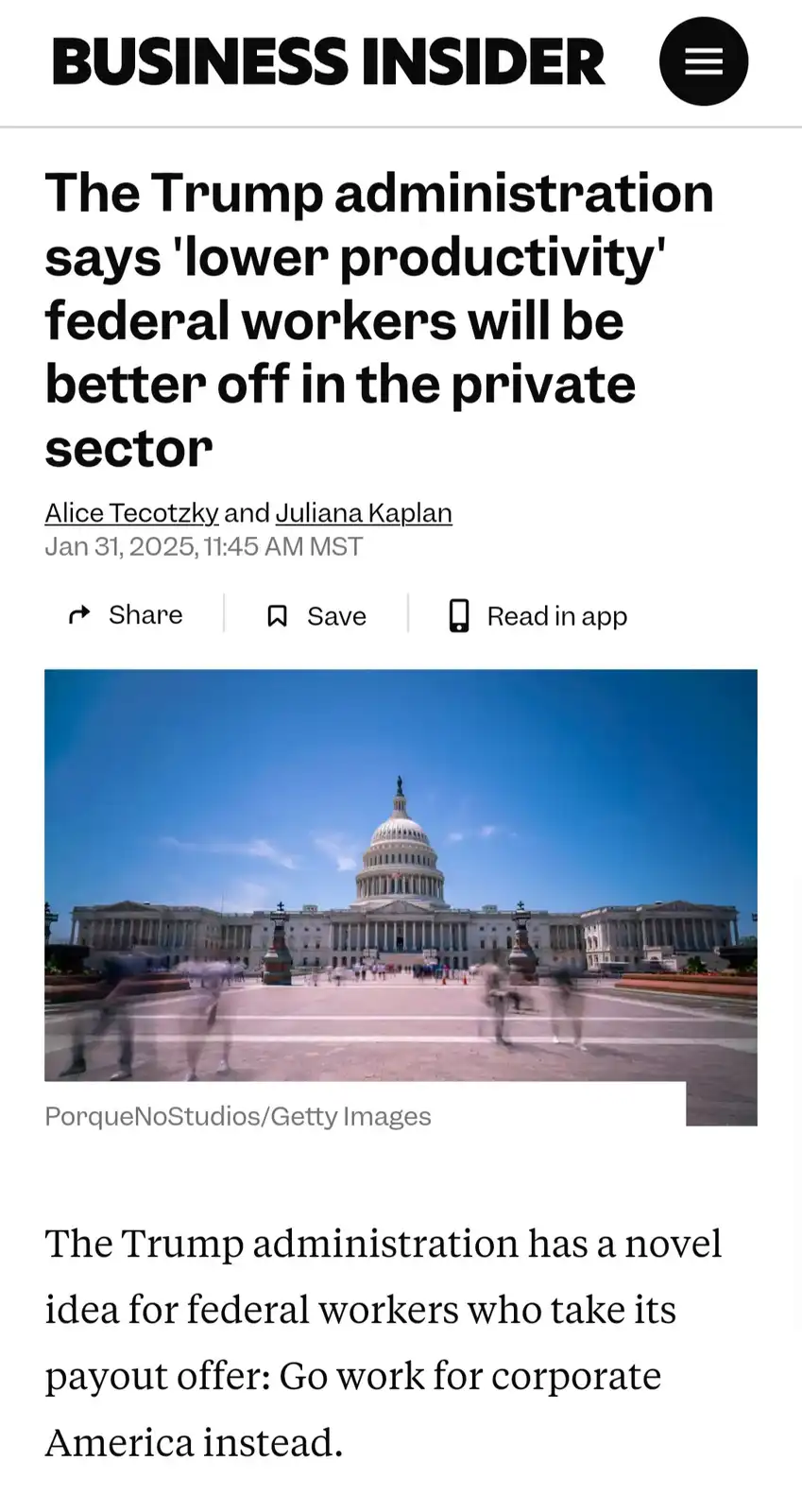 A screenshot of a Business Insider article from January 31, 2025, featuring a blurred photo of the U.S. Capitol building…