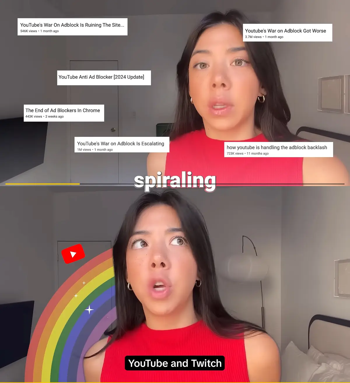 A woman in a red top appears in two panels. The top panel shows her looking forward with multiple YouTube video thumbnails…