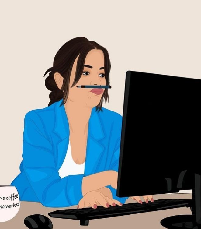 An illustrated woman in a blue blazer sits at a desk with a black computer monitor, typing on a keyboard. A black pen is…