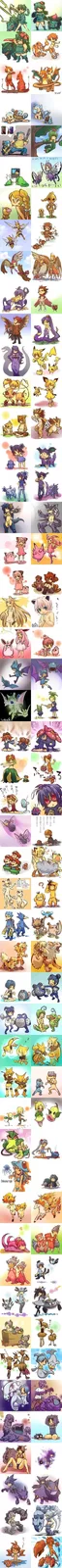 A vertical collage of 50+ anime-style illustrations showing various Pokémon characters depicted as human-like figures with…