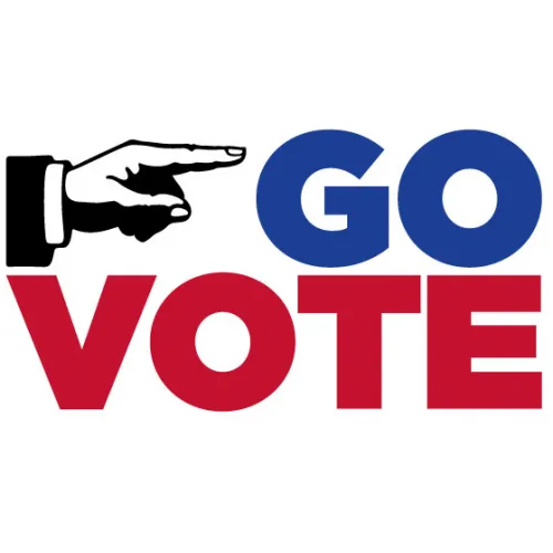 A graphic shows a black-and-white illustrated hand in a suit sleeve pointing right, next to large blue 'GO' and red 'VOTE'…