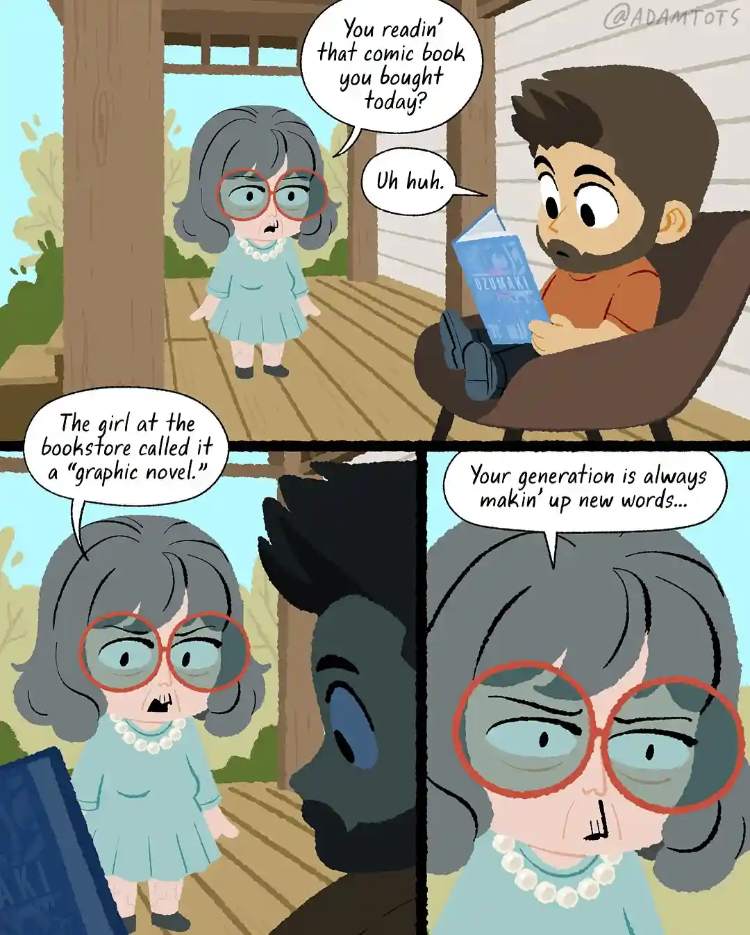 A four-panel comic depicts an older woman confronting a younger man reading a 'Uzumaki' comic book. She questions him about…
