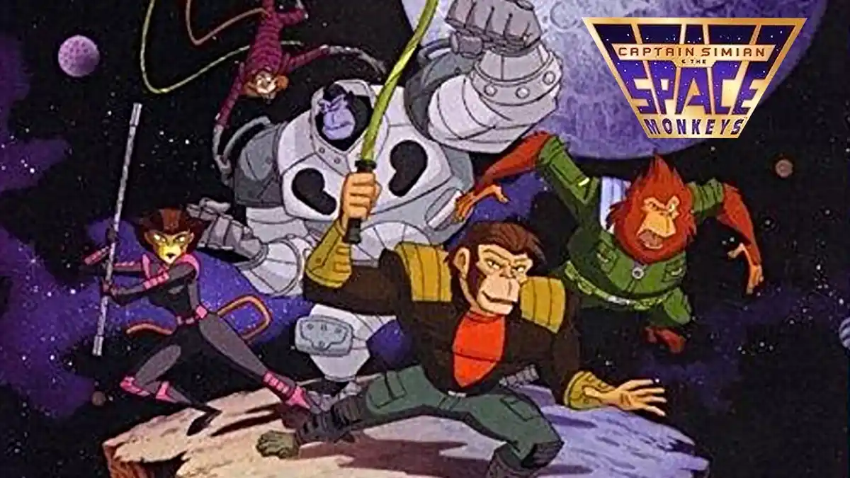 A promotional poster for the animated series 'Captain Simian and the Space Monkeys' shows five anthropomorphic monkeys in…