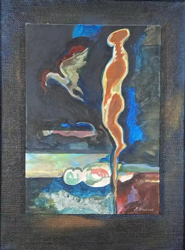 An abstract painting by P. Derkord features a tall, orange-brown stylized human figure standing upright against a dark…