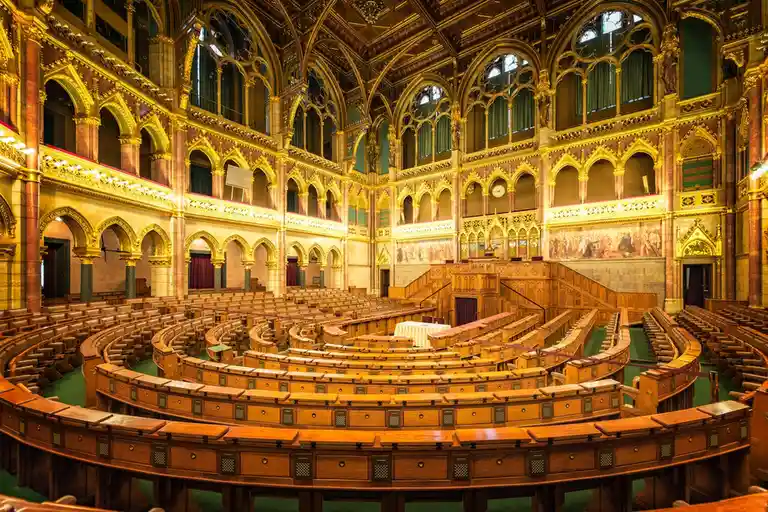 An empty, ornate parliamentary chamber with tiered wooden seating, golden arches, and stained glass windows, overlaid with…