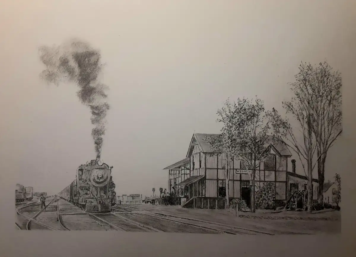 A black-and-white pencil drawing depicts a steam locomotive emitting smoke as it approaches a wooden train station labeled…