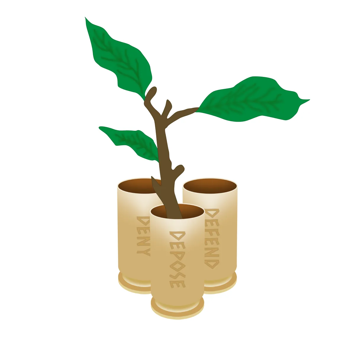 A cartoon-style green plant with leaves grows out of three golden bullet casings, each engraved with the words 'DENY'…