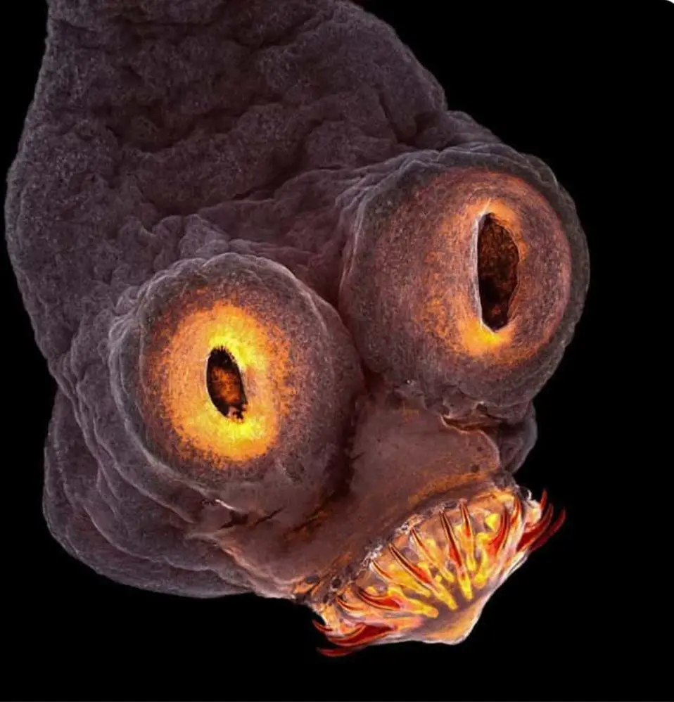 A close-up image of a deep-sea creature with large, glowing orange eyes and a mouth full of sharp, red-orange teeth, set…