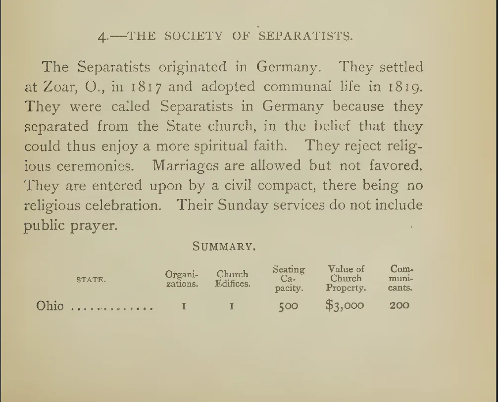 The image displays a scanned page from a historical document detailing 'The Society of Separatists,' describing their…