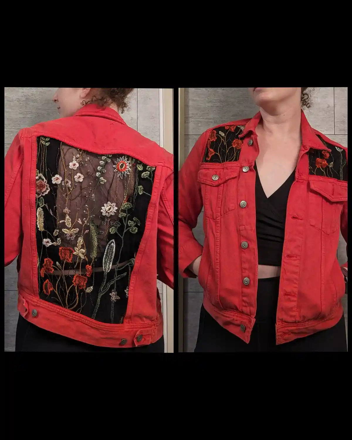 A split image shows a person wearing a red denim jacket; the left panel reveals an ornate, embroidered floral design on the…
