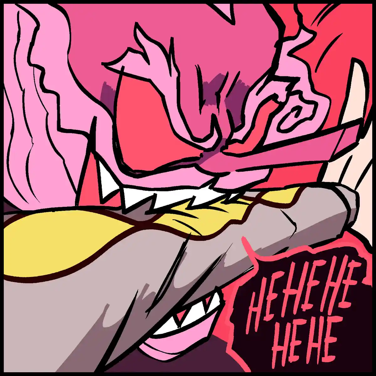 A cartoon drawing shows a pink-haired character with a menacing grin and sharp teeth, holding down a gray-skinned character…