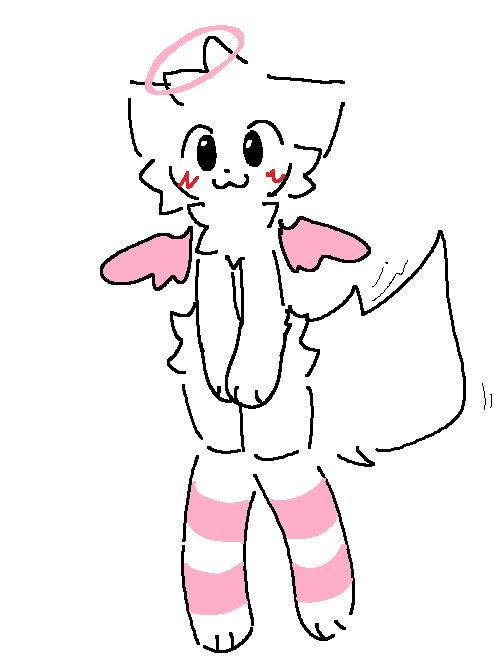 A simple, hand-drawn cartoon character with cat-like features, pink wings, a pink halo, and pink-and-white striped legs…