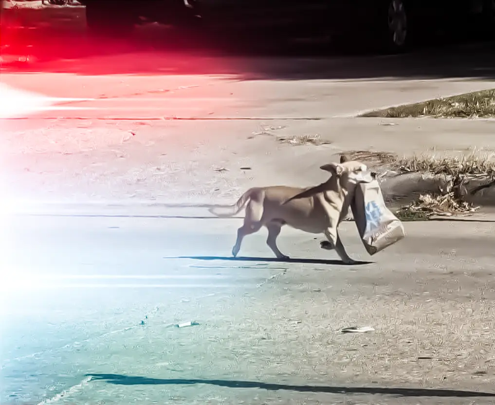 A light-colored dog is running across a paved street while carrying a large paper bag in its mouth. The image has a heavy…