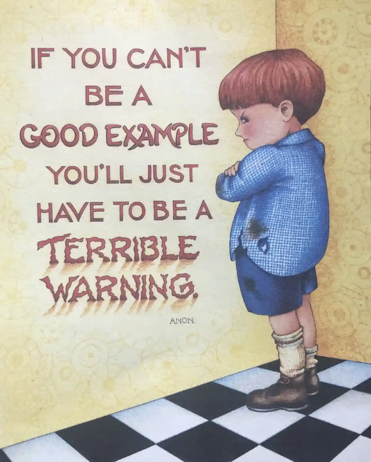 An illustration of a young boy with red hair, wearing a blue checkered shirt and shorts with stains, standing with arms…