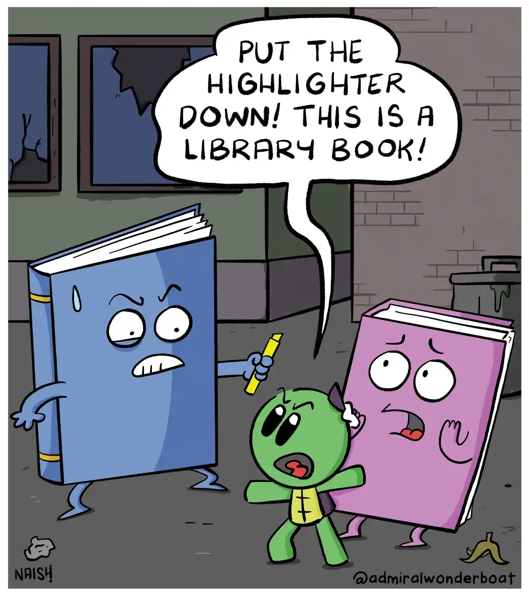 A cartoon blue book with arms and legs angrily shouts at a small green creature holding a yellow highlighter, while a purple…