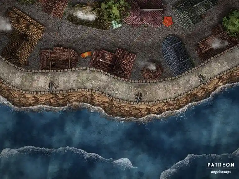 An overhead view of a coastal fantasy village with cobblestone streets, tiled roofs, and cannons on a cliff overlooking the…