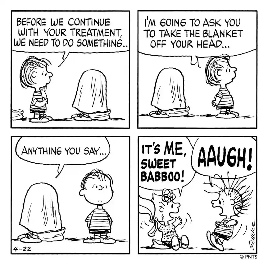 A four-panel Peanuts comic strip shows Lucy Van Pelt asking Charlie Brown to remove a blanket from his head before…