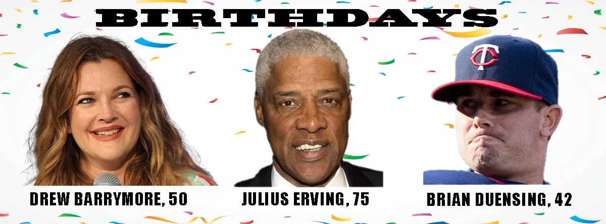 A celebratory image with confetti background and the word 'BIRTHDAYS' at the top, featuring three headshots: Drew Barrymore…