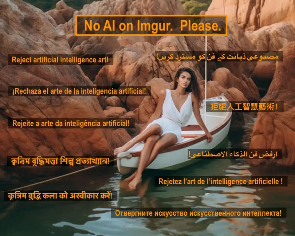 A woman in a white dress sits in a small boat on calm water surrounded by large, reddish-brown rock formations. Multiple…