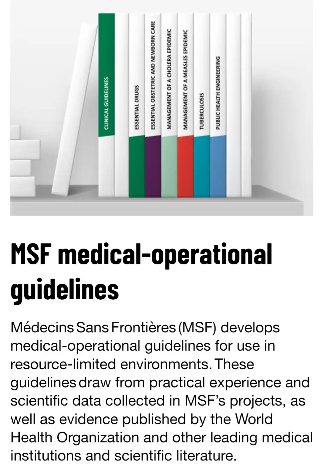A shelf displays several medical books with titles like 'Clinical Guidelines,' 'Essential Drugs,' and 'Management of a…