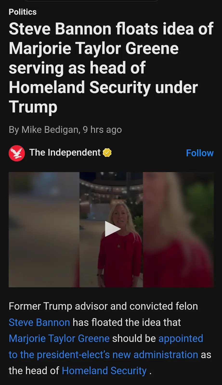 A screenshot of a news article from The Independent shows a headline about Steve Bannon suggesting Marjorie Taylor Greene…